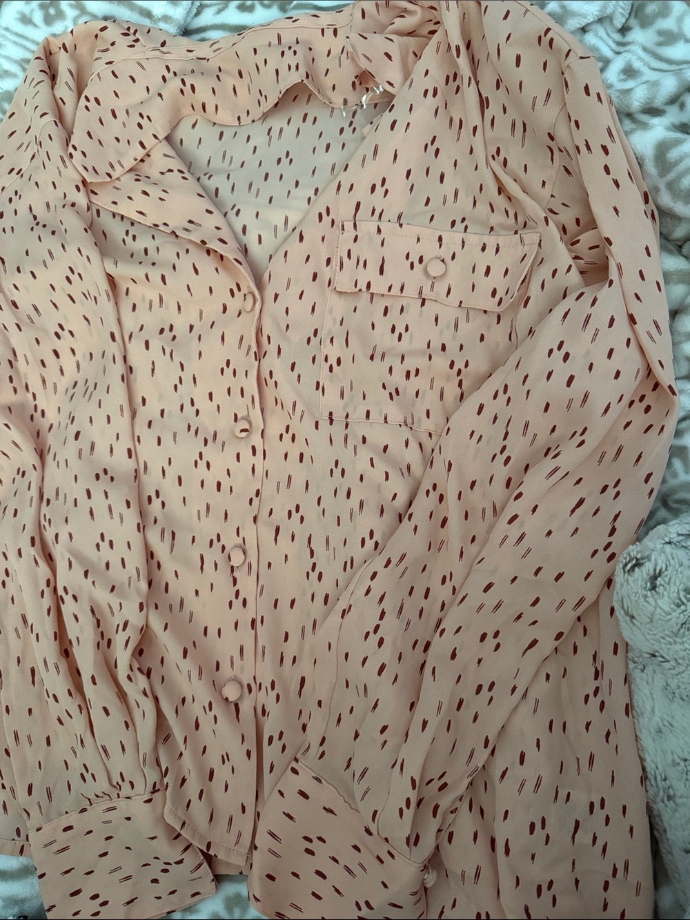 Worthington Peach Button-Down Blouse with Rust Dot Pattern